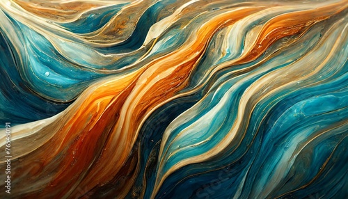 Marbled Melody: Abstract Orange and Blue Paint Background with Fluid Texture