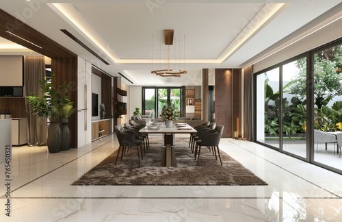 Modern dining room with a white floor and brown carpet, open kitchen area in the background, large window overlooking a garden view. © Kien