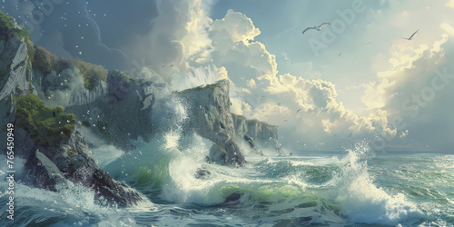 The evocative scene captures the raw power of the sea clashing with cliffs under a sky of billowing clouds photo
