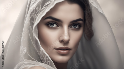A woman with a veil over her face. She has blue eyes and a white dress. The image has a romantic and elegant mood