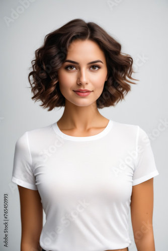 A woman with a short haircut and a white shirt is smiling. She has a nice  fresh look