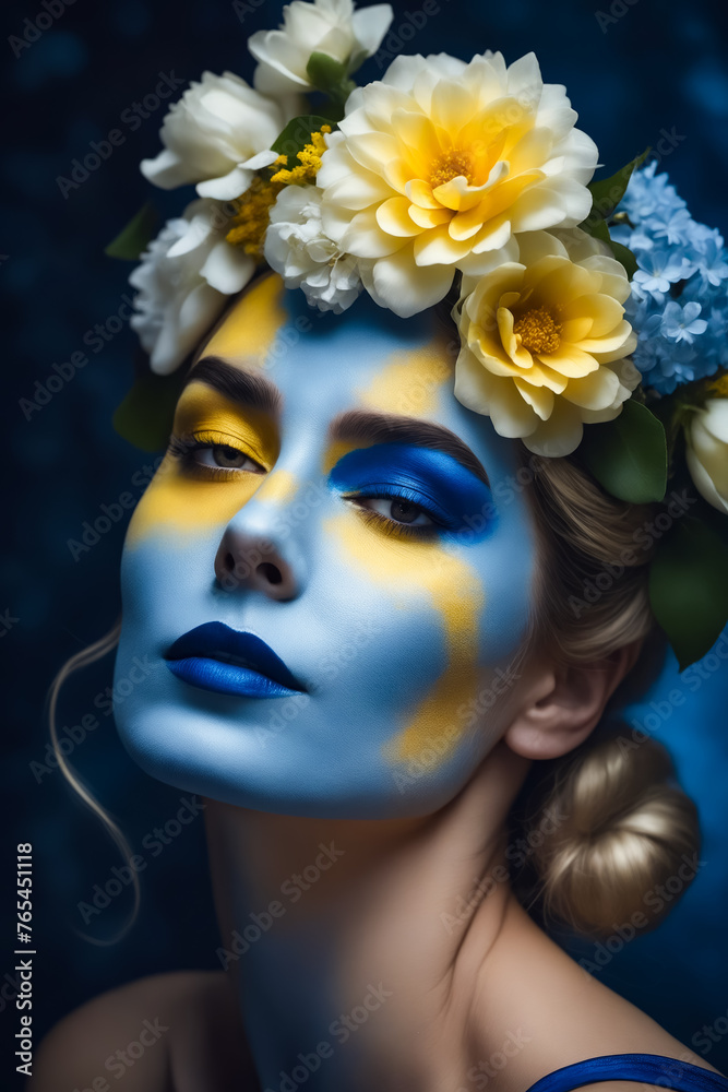 A woman with blue and yellow face paint and a flower headdress. The blue and yellow colors give the impression of a happy and cheerful mood