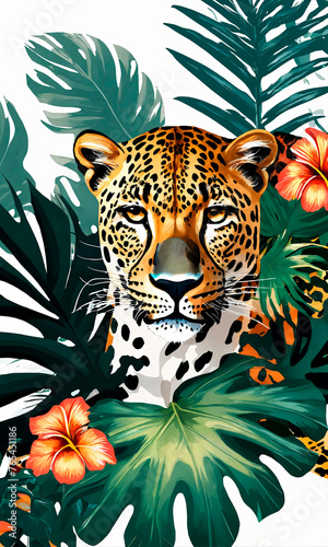 Leopard with tropical foliage  ideal for fashion  advertising  and print media. Travel to Africa 