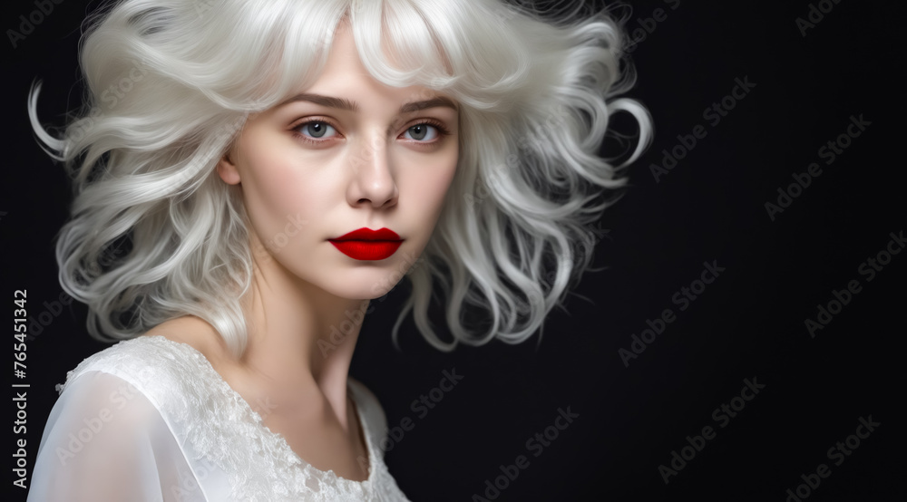 A woman with blonde hair and red lipstick stands in front of a black background. She has a confident and bold look, which is emphasized by her red lipstick