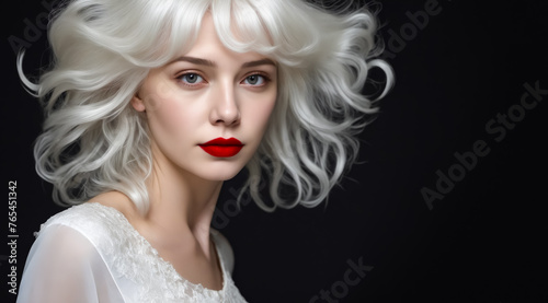 A woman with blonde hair and red lipstick stands in front of a black background. She has a confident and bold look  which is emphasized by her red lipstick