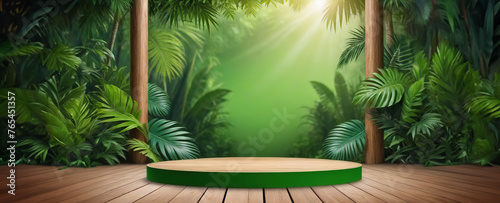 Minimal abstract cosmetic background for product presentation. Cosmetic bottle podium and green palm leaf on grey color background. 3d render illustration.ai generated