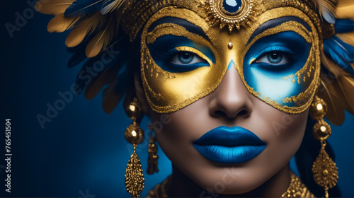 A woman with gold and blue face paint and gold earrings