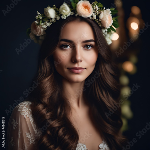 A woman with long brown hair and a flowery headband. She is smiling and looking at the camera