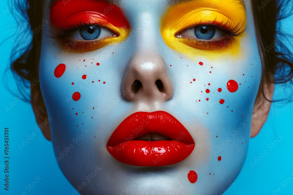 Woman with red yellow and blue makeup on her face.