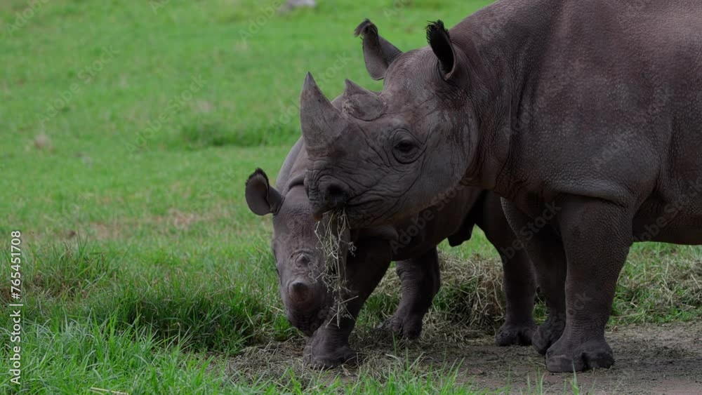 Rhinoceros mother with her calf eating hay while walking in their zoo enclosure in daytime Rhinoceros mother with her calf eating hay while walking in their zoo enclosure in daytime