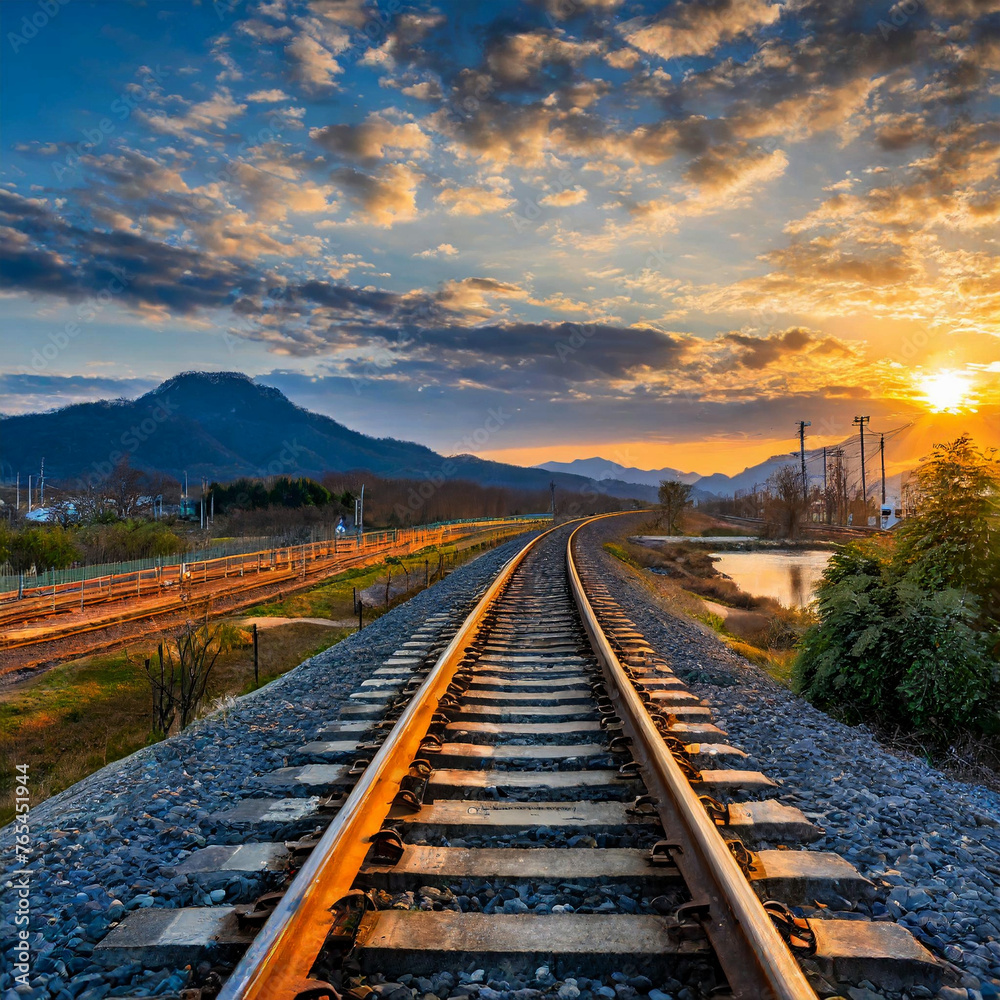 Fototapeta premium 아름다운 노을 풍경의 시골 철길