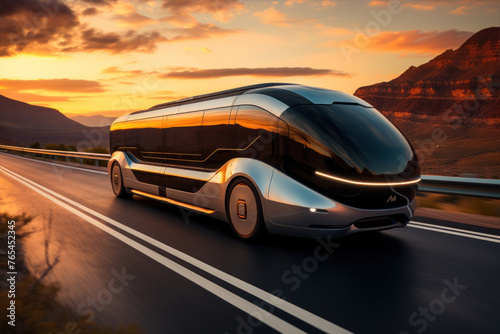 futuristic bus driving on road