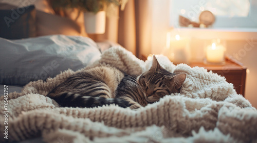  A cozy bedroom scene with soft, warm lighting, a fluffy comforter, and a contented tabby cat curled up peacefully on the bed, its eyes closed in blissful sleep.