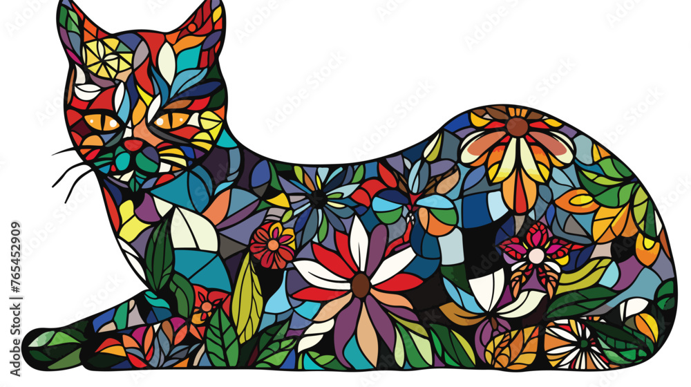 Cat Floral Stained Glass flat vector 