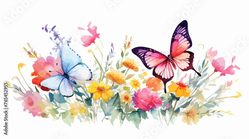 Beautiful watercolor flower with butterfly flat vector © Mishab