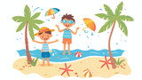 Children On The Beach flat vector isolated on white background