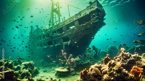 Underwater view of the wreck of an old ship on a coral reef, Beautiful underwater world with old shipwreck, coral and fish, AI Generated photo