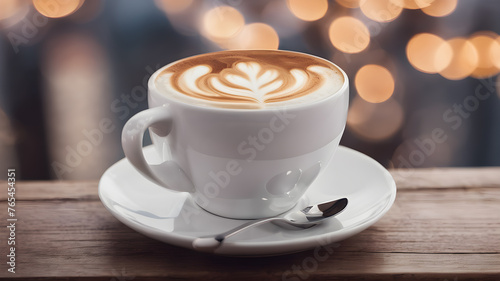 Cappuccino coffee and latte art. A cup of coffee on the wooden table. A cup of coffee on the wooden table. AI generated image  ai.