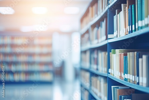 Abstract blurred public library interior space. blurry room with bookshelves by defocused effect. use for background or backdrop in business or education concepts - generative ai