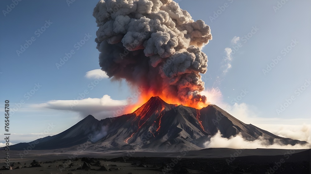 Volcano erupting and lava pouring, A massive column of ash shoots out of a volcano's mouth. An awful view of a volcano erupting. A natural disaster that is not controlled by the weather - obrazy, fototapety, plakaty 