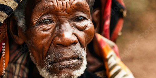 Close-up of a dignified elderly African man in traditional clothes, reflecting a rich cultural history, ideal for educational and social documentaries.