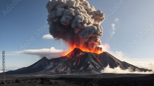 Volcano erupting and lava pouring, A massive column of ash shoots out of a volcano's mouth. An awful view of a volcano erupting. A natural disaster that is not controlled by the weather photo