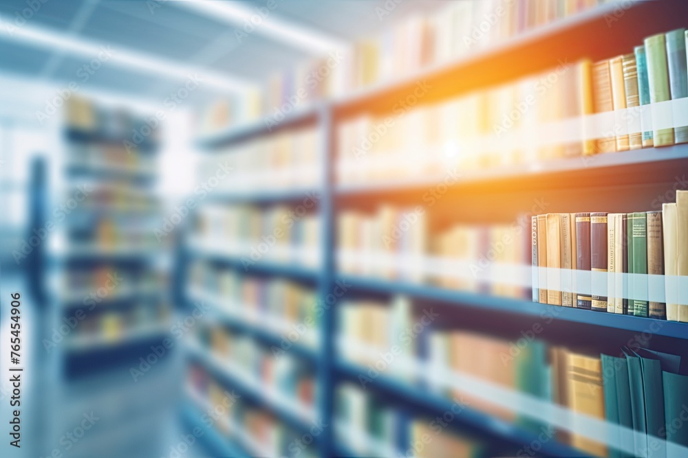 Abstract blurred public library interior space. blurry room with bookshelves by defocused effect. use for background or backdrop in business or education concepts - generative ai