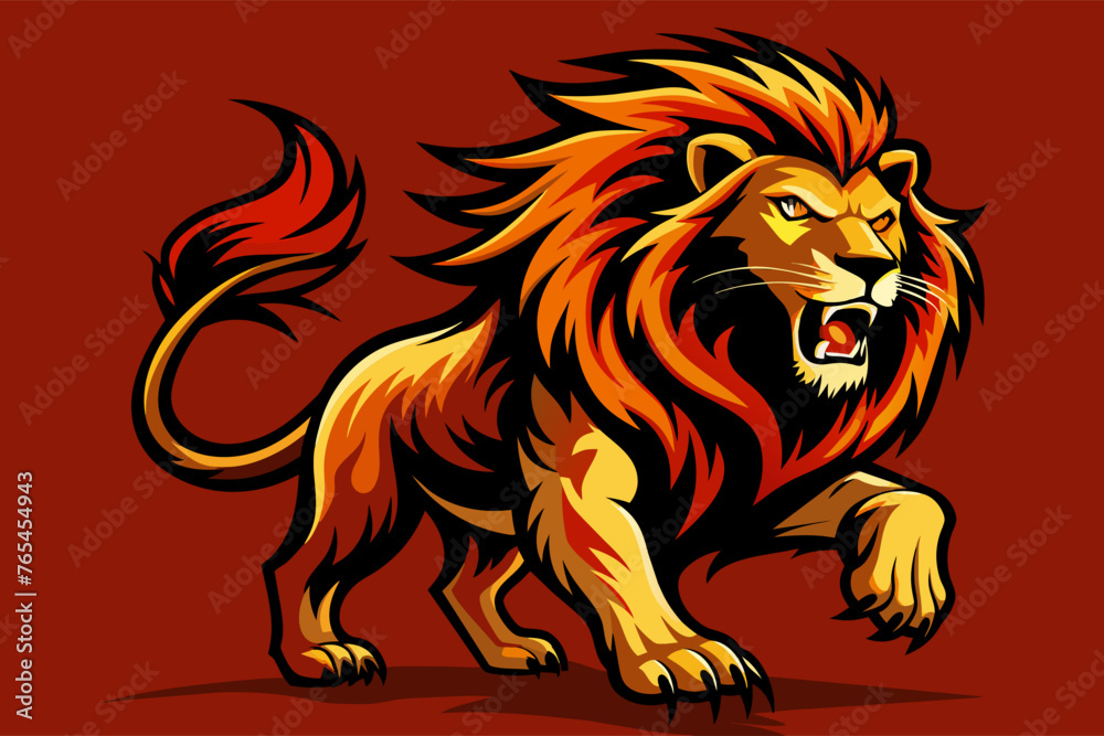 Obraz premium Fierceful lion with red background.