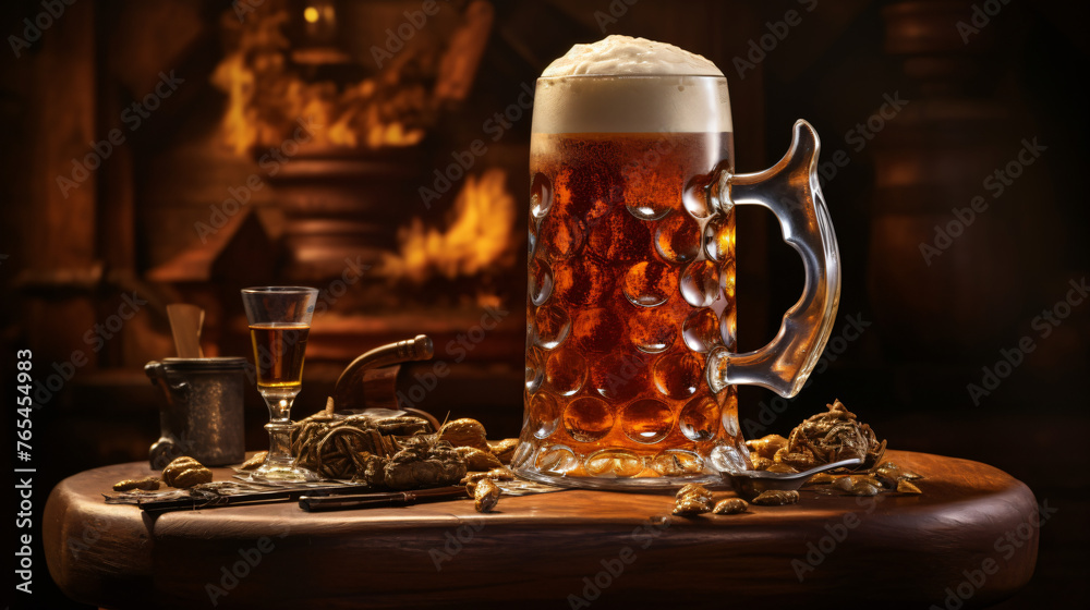 A traditional German beer stein filled with beer. - obrazy, fototapety, plakaty 