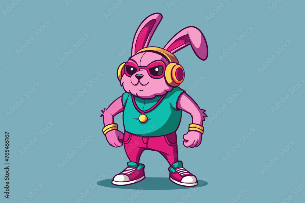 hip-hop pink rabbit Put on your headphones, professional design, retro style, 80's vibe, hard lines, casual. Full Body vector illustration