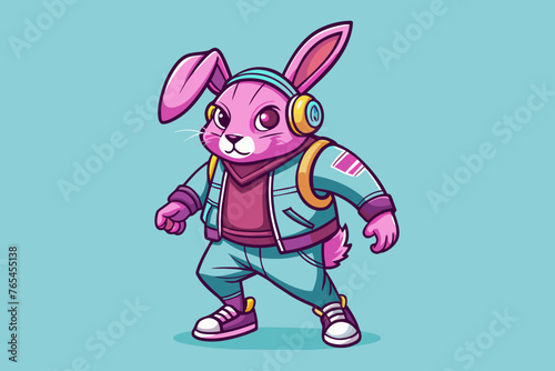 hip-hop pink rabbit Put on your headphones, professional design, retro style, 80's vibe, hard lines, casual. Full Body vector illustration