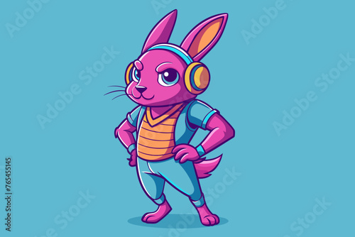 hip-hop pink rabbit Put on your headphones, professional design, retro style, 80's vibe, hard lines, casual. Full Body vector illustration