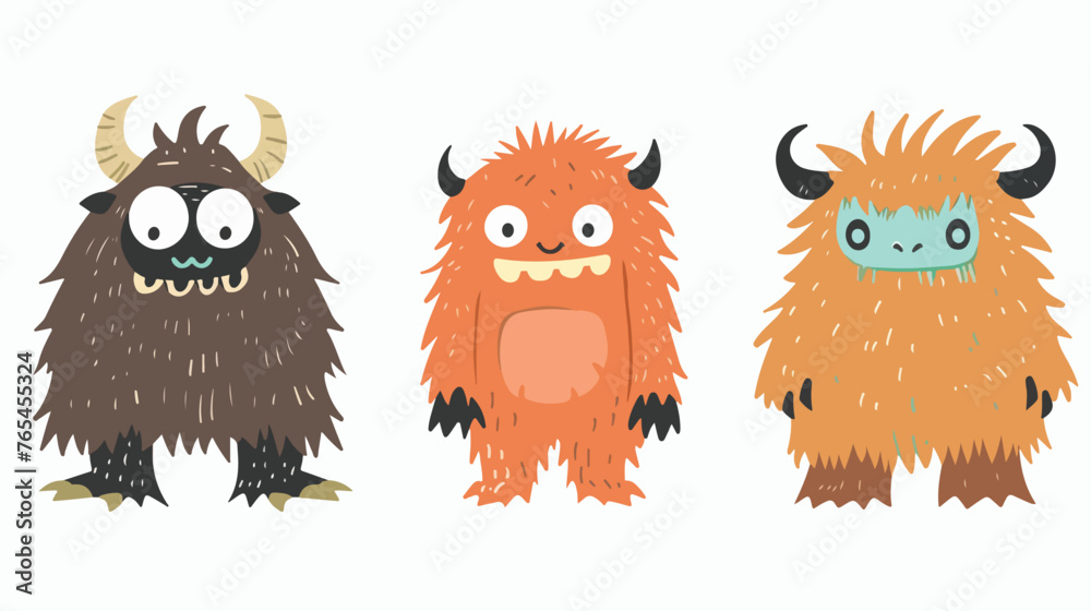 Cute Fluffy Monsters flat vector isolated on white background