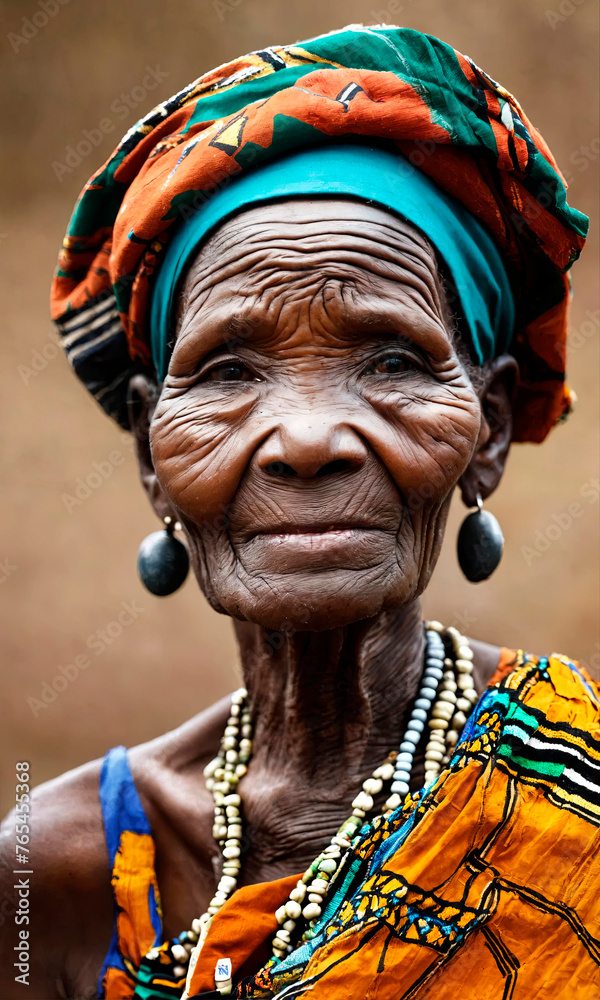 Close-up of a dignified elderly African woman in traditional attire, reflecting a rich cultural history, ideal for educational and social documentaries.