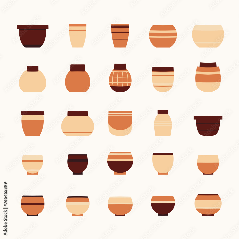 Vector set of flat hand drawn ceramic flowerpots isolated from background. Cozy collection clip art of various clay pots icons in calm beige colors for pottery workshop, hobby studios. Vector set of flat hand drawn ceramic flowerpots isolated from background. Cozy collection clip art of various clay pots icons in calm beige colors for pottery workshop, hobby studios.