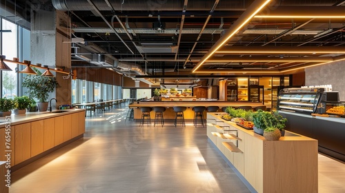 A modern office cafeteria with sustainable food options and recycling stations