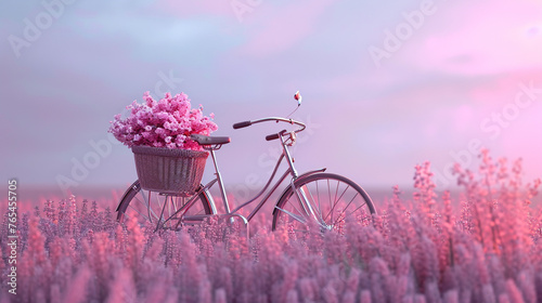  A vintage bicycle parked amidst a lush garden filled with colorful flowers and verdant foliage, its weathered frame adding a touch of nostalgia to the serene  photo