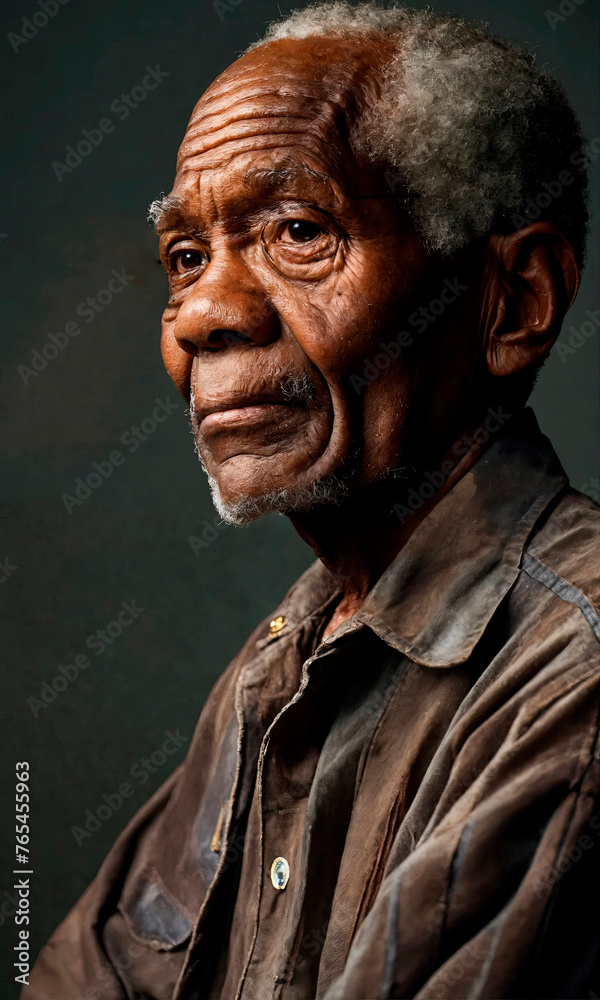 A portrait of an aged African man with salt-and-pepper hair, showing a pensive look in his eyes, wearing a simple shirt. His face tells a story of resilience and the passage of time.