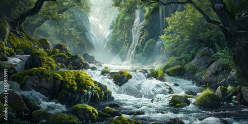 A serene stream flows gently through a magical forest, with waterfalls in the background surrounded by moss-covered rocks photo