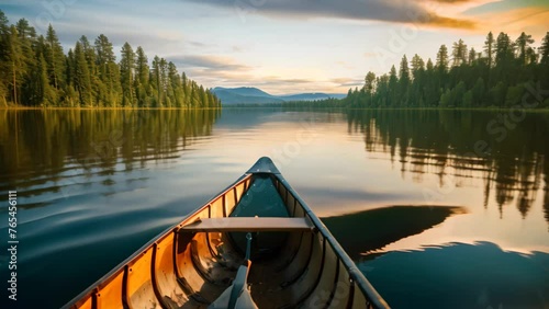 Kayak on the lake in the mountains at sunset. Karelia, Russia, canoe on lake, AI Generated photo