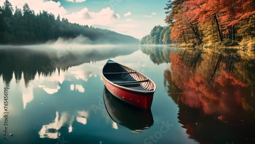 Red canoe on the lake in the autumn forest. Beautiful landscape. canoe on lake, AI Generated photo