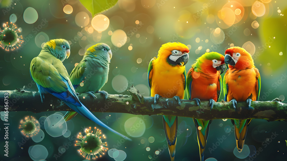 Colorful parrots on branch with viral particles, bokeh background. - obrazy, fototapety, plakaty 