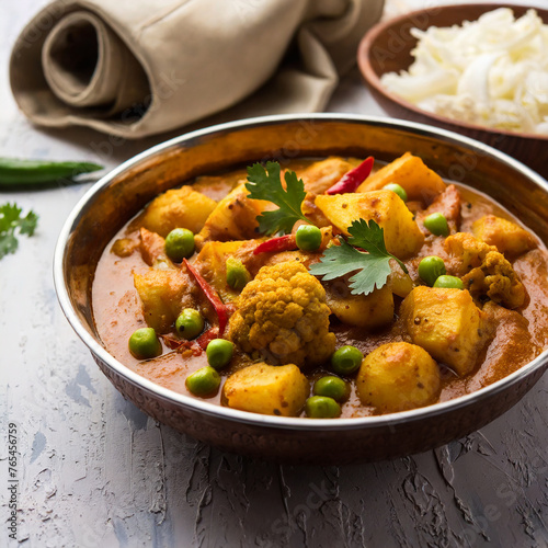 aloo gobi mutter is a famous indian curry dish with potatoes and cauliflower and green peas, selective focus