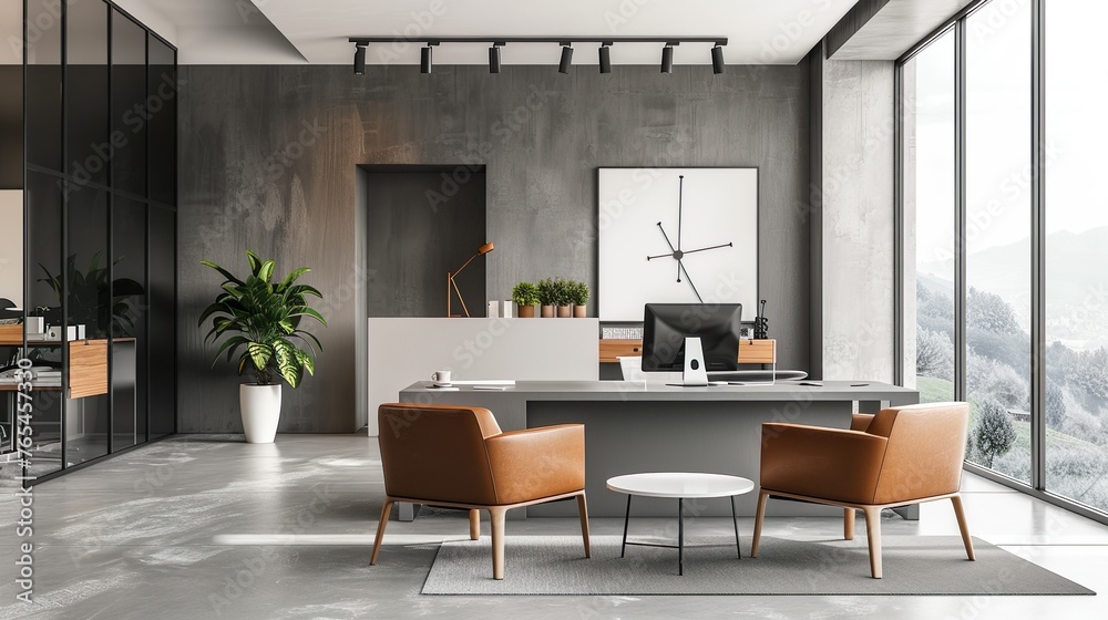 A modern office interior with a minimalist design and natural light, great for adding a clean and spacious look to designs A modern office interior with a minimalist design and natural light, great for adding a clean and spacious look to designs