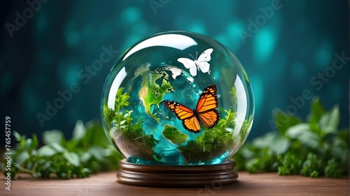 Idea Preserve the ecosystem and the world. The world is a crystal earth globe with a tree, saving the environment, and grass on a green bokeh background.