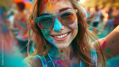 Cheerful woman at the festival of colors Holi	
