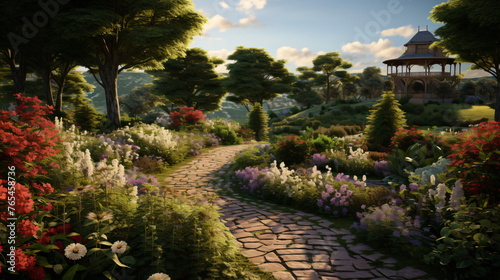 A tranquil garden with blooming flowers and a winding