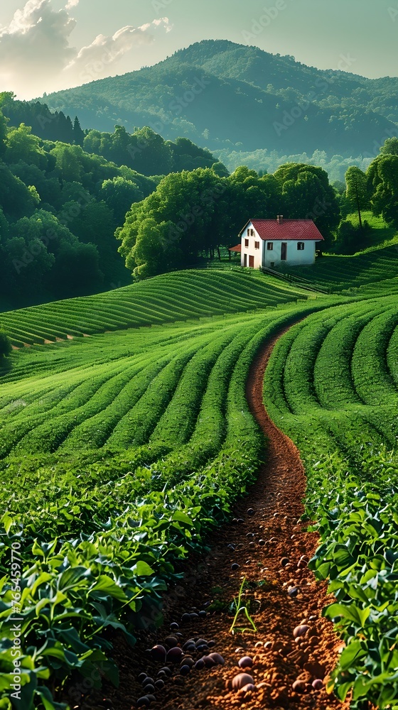 Lush Green Tea Plantation on Picturesque Rolling Hills in Countryside Landscape