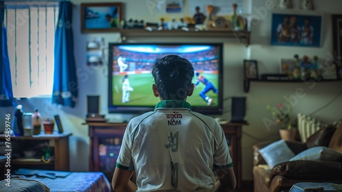 A youthful Indian gentleman donning a cricket shirt - cheering for their team India while viewing a live cricket game at home.