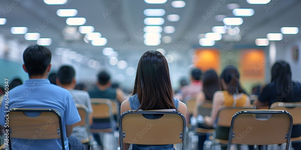 Hazy backdrop of testing area with college pupils present, one sitting on bench taking final test in lecture hall. - obrazy, fototapety, plakaty 